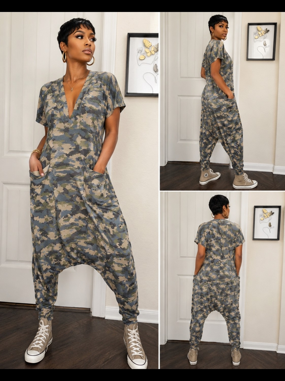 Camo V-Neck Drop-Crotch Jumpsuit - Olive Green